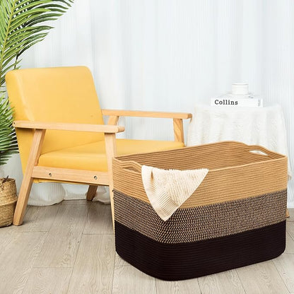 MINTWOOD Design 112L Extra Large Blanket Basket Holder Living Room, 25"x17"x16" Rectangle Rope Woven Storage Basket with Handles for Laundry, Pool Towels, Shoes, Dog Toy Organizer Bin Box, Black Jute