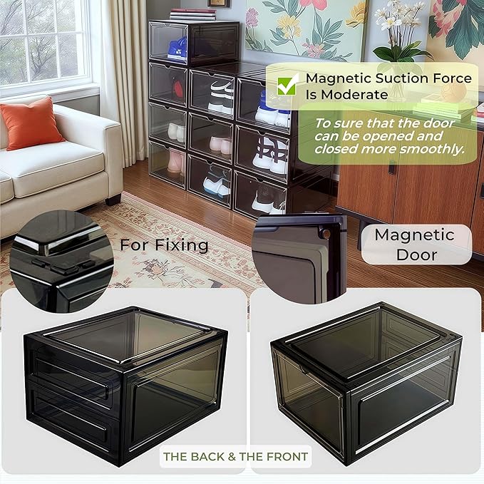JECCICHY 6 Pack Shoe Organizer for Closet, Shoe Storage Container with Lids, Shoe Box Clear Plastic Stackable, Thick Hard Polypropylene, Drop Front Door, US Size 13