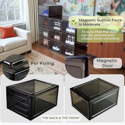 JECCICHY 6 Pack Shoe Organizer for Closet, Shoe Storage Container with Lids, Shoe Box Clear Plastic Stackable, Thick Hard Polypropylene, Drop Front Door, US Size 13