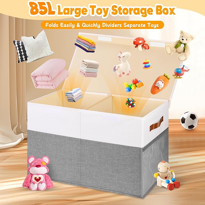 Large Toy Box, Collapsible Sturdy Storage Chest With Lids, Kids Toy Chest Storage Organizer Toddler Bin Boxes for Living Room, Bedroom, Nursery, 25"x13"x16", White & Gray