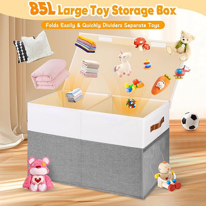 Large Toy Box, Collapsible Sturdy Storage Chest With Lids, Kids Toy Chest Storage Organizer Toddler Bin Boxes for Living Room, Bedroom, Nursery, 25"x13"x16", White & Gray