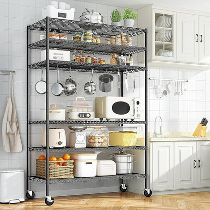 82" H X45 W X18 D Storage Shelves with Wheels, 6 Tier Wire Shelving Adjustable Metal Shelving Pantry Shelves Capacity 1200LBS for Garage Shelving, Pantry, Kitchen, Closet, Commercial, Black