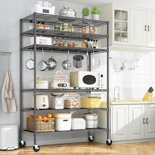82" H X45 W X18 D Storage Shelves with Wheels, 6 Tier Wire Shelving Adjustable Metal Shelving Pantry Shelves Capacity 1200LBS for Garage Shelving, Pantry, Kitchen, Closet, Commercial, Black