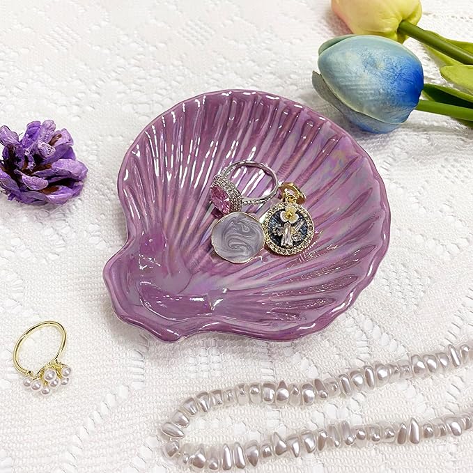 Shell Jewelry Ring Holder Dish, Seashell Jewelry Dish Tray, Ceramic Jewelry Plate Bowl, Engagement Trinket Dish, Wedding Birthday Mother's Day Christmas Gift for Women, 3.9", Purple Iridescent Surface