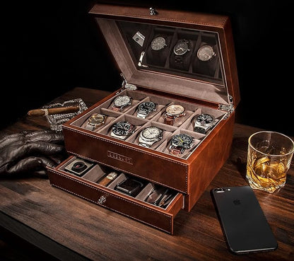 BEERUST Watch box organizer for men - Leather watch case - Luxury watch box - For large mens wrist watches - Mens jewelry box organizer - Watch case - With mens valet drawer - Watch display case