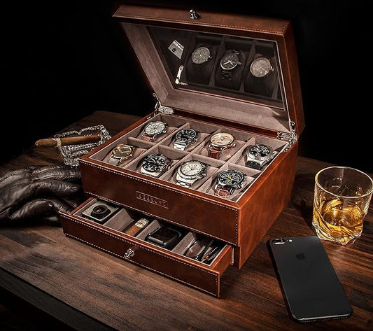 BEERUST Watch box organizer for men - Leather watch case - Luxury watch box - For large mens wrist watches - Mens jewelry box organizer - Watch case - With mens valet drawer - Watch display case