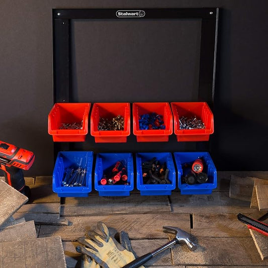 8 Bin Storage Rack Organizer- Wall Mountable Garage Shelving with Removeable Bins for Tools, Hardware, Crafts, Office Supplies and More by Stalwart