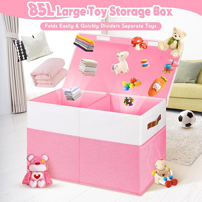 Large Toy Box, Collapsible Sturdy Storage Organize Chest Boxes With Lids, 25"x13"x16" Kids Toy Chest Bin Baskets for Living Room, Bedroom, Nursery, White & Pink