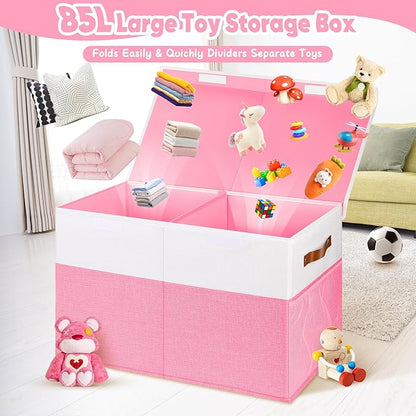 Large Toy Box, Collapsible Sturdy Storage Organize Chest Boxes With Lids, 25"x13"x16" Kids Toy Chest Bin Baskets for Living Room, Bedroom, Nursery, White & Pink