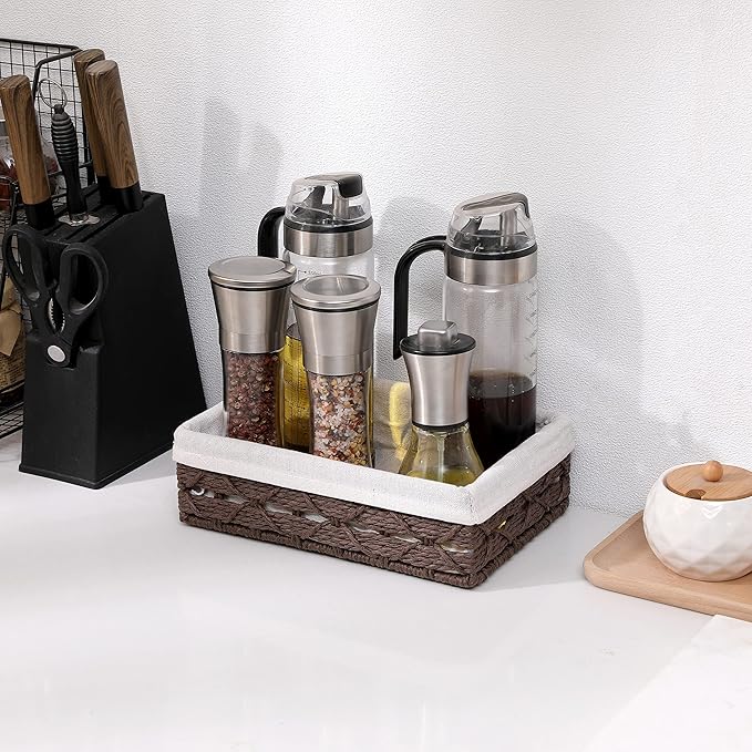 Small Storage Basket With Liner,Wicker Decorative Basket for coffee table,RectangleTray,Bathroom Countertop Organizer，rectangle Kitchen Drawer Organizer Storage Set of 2 Brown
