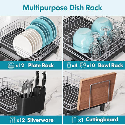 BOOSINY Stainless Steel Dish Drainers Drying Rack for Kitchen Counter with Automatic Drainage, 1 Tier Rust Proof Metal, Space Saving, Modern Aesthetic, Compact Plates Strainers,Gray