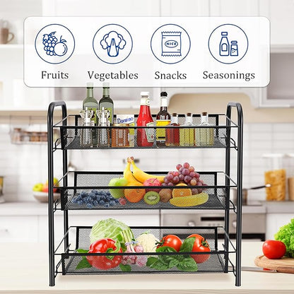 CVHOMEDECO. 3 Tier Fruit Basket Large Capacity Rectangular Metal Fruit Bowl Detachable Metal Fruit Stands Organizer for Kitchen Counter, Bread, Vegetable, Snack and Fruits. Black