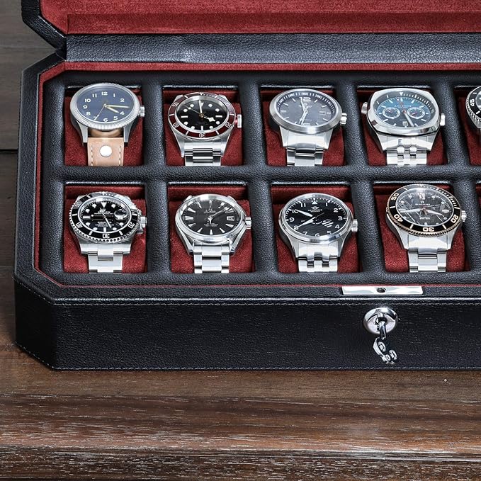 ROTHWELL 12 Slot Leather Watch Box for Men - Luxury Case Display Jewelry Organizer with Microsuede Liner - Travel Jewelry Case for Mens Accessories, Travel Organizer (Black & Red)