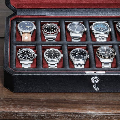 ROTHWELL 12 Slot Leather Watch Box for Men - Luxury Case Display Jewelry Organizer with Microsuede Liner - Travel Jewelry Case for Mens Accessories, Travel Organizer (Black & Red)