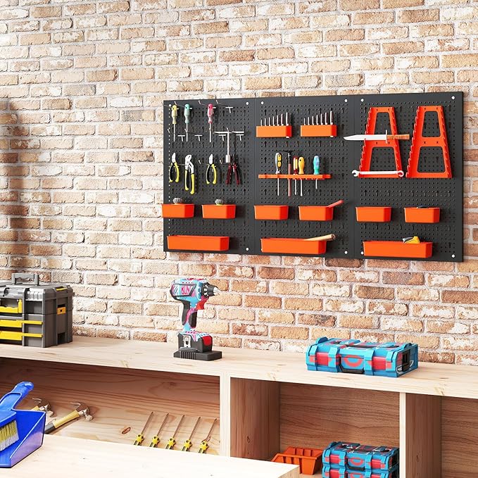 Tool Pegboard Organizer, 4 FT Metal Pegboard Wall with Hooks, Storage Bins & Tool Holders, Peg Board Kit Garage Storage System for Workbench Shed, Craft Room & Workshop (Black+Orange)