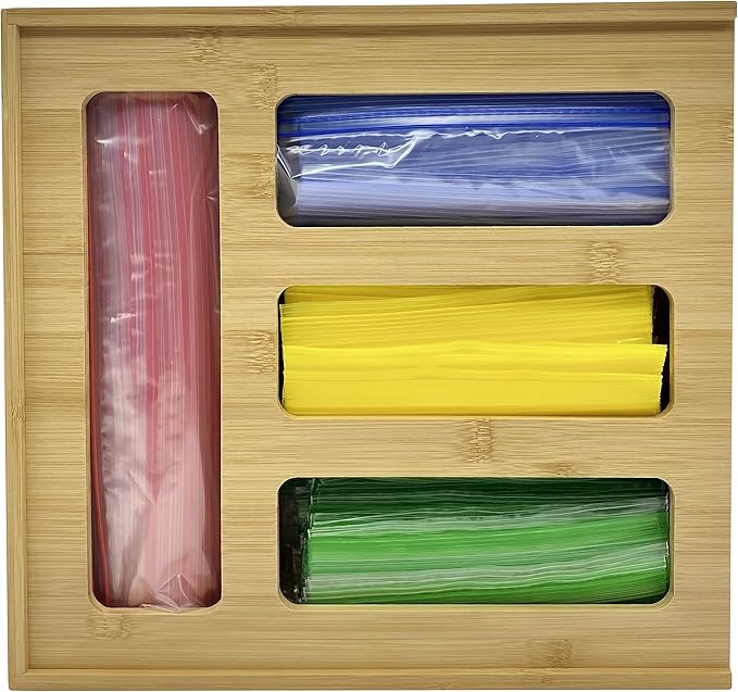HELIA Bamboo Zip Storage Bag Organizer for Kitchen Drawer and Wall Mount | Solid Bamboo Food Storage Bag Holder | Plastic Bag Organizer for Sandwich and Snack Storage