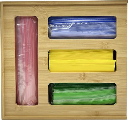 HELIA Bamboo Zip Storage Bag Organizer for Kitchen Drawer and Wall Mount | Solid Bamboo Food Storage Bag Holder | Plastic Bag Organizer for Sandwich and Snack Storage