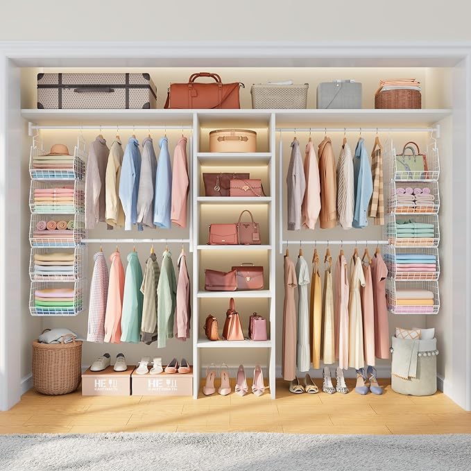 5 Tier Extended Depth Hanging Closet Organizer with Adjustable Width and Height Hanging Rod, Storage Shelves for Sweaters Towels Handbags, Stackable Metal Bins for Closet, Laundry, Dorm, White