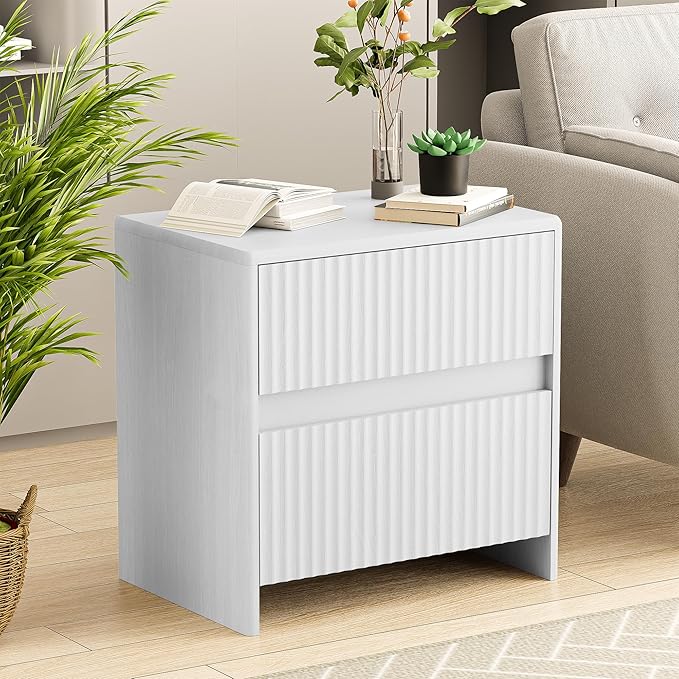 HOCAT Fluted Nightstand, 23" Wide Bedside Table with 2 Storage Drawers, Modern Night Stand for Bedroom, White