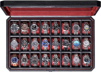 ROTHWELL 24 Slot Watch Case with Lock – Luxury Watch Box to Display and Organize Your Collection | Real Glass Top | Premium Storage for Collectors (Black/Red)