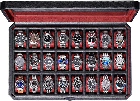 ROTHWELL 24 Slot Watch Case with Lock – Luxury Watch Box to Display and Organize Your Collection | Real Glass Top | Premium Storage for Collectors (Black/Red)