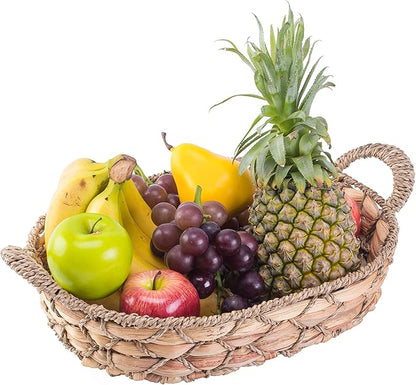 Seagrass Rectangular Woven Basket Tray with Handles, Medium – Decorative Seagrass Storage Basket, Narrow Wicker Basket for Bread, Fruit, Pantry, Home Decor