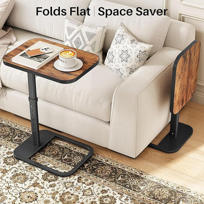 Kitstorack Upgraded TV Tray Table with Panel Lock, 90° Flip-Over Design & Adjustable Height, Sofa Arm Side Table for Eating, Laptop, Couch, Bed, or Small Spaces, Brown