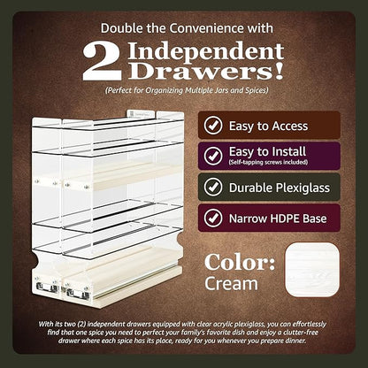 Vertical Spice - Narrow Pullout Spice Rack - Sliding Drawer for Kitchen Organization - Pantry Organizers and Storage - 2 Drawers & 2 Tiers - 20 Spice Jar Capacity (4.6" W x 10.75" H x 10.6" D, Cream)