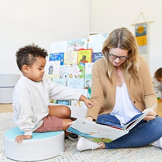 ECR4Kids Double-Sided Wooden Mobile Book Display and Storage, Montessori Furniture, White Wash