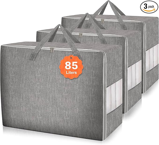 Karceyworth 3 Pack 85L Comforter Storage Bags, Extra Large Bedding Storage Bags with Sturdy Zipper and Reinforced Handle, Clear Window, Moving Closet Organizers for Comforters and Blankets, Pillows