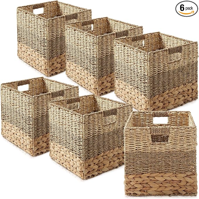 Casafield 12" x 12" Mixed Weave Storage Baskets, Natural - Set of 6 Woven Hyacinth Seagrass Wicker Storage Cube Bins for Bathroom, Bedroom, Laundry, Pantry, Shelves