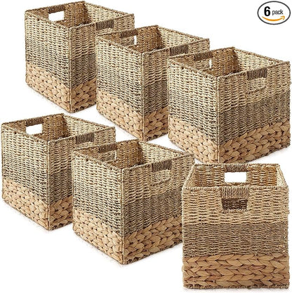 Casafield 12" x 12" Mixed Weave Storage Baskets, Natural - Set of 6 Woven Hyacinth Seagrass Wicker Storage Cube Bins for Bathroom, Bedroom, Laundry, Pantry, Shelves