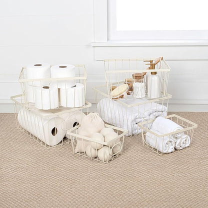 happimess BSK3001C-6SET Camden Vintage Industrial Wire Metal Nesting Storage Baskets for Shelves, Cabinets, Pantry, Countertop, Mesh Open Bin Basket for Organizing Supplies, Almond (Set of 6)
