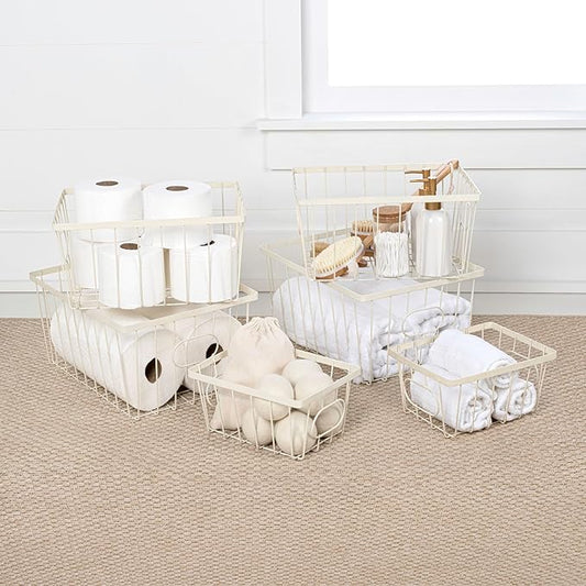 happimess BSK3001C-6SET Camden Vintage Industrial Wire Metal Nesting Storage Baskets for Shelves, Cabinets, Pantry, Countertop, Mesh Open Bin Basket for Organizing Supplies, Almond (Set of 6)