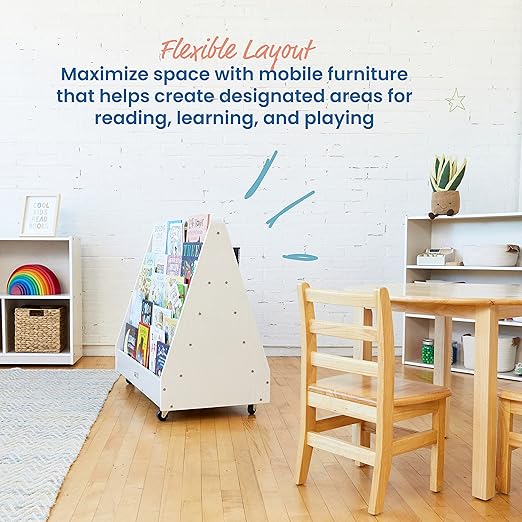 ECR4Kids Double-Sided Wooden Mobile Book Display and Storage, Montessori Furniture, White Wash