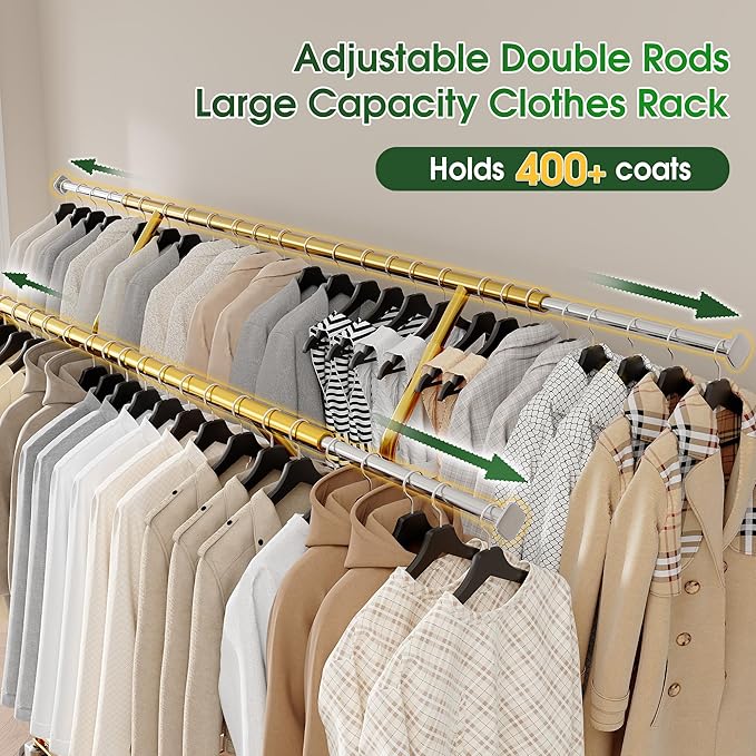 Raybee Heavy Duty Clothes Rack 630LBS, Double Rods Clothing Rack with Storage Basket, Portable Garment Rack for Heavy Clothes, Extendable & Adjustable, Bedroom, Closet, Commercial, Gold
