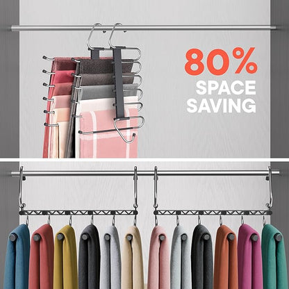 Campior Space Saving Pants Hangers 4 Pack, 6 Layer Jeans Hangers and Closet Organizer for Jeans, Scarves, & Skirts, Multi-Layer Hanger with Anti-Slip Stopper, Heavy-Duty S-Type Stainless Steel, Gray