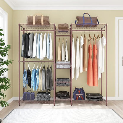 XIOFIO 6 Tiers Heavy Duty Garment Rack,Clothing Storage Organizer, Metal Clothing Rack,Clothing Rack with Hanging Rod,Adjustable Shelf and Fixed Baskets,60.7"L x 15.7"W x 70.5"H Max Load 720LBS,Bronze