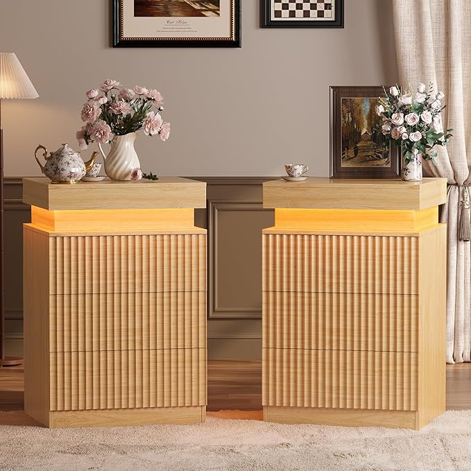 BOXACTION Wood Nightstand with 3 Drawers and LED Light, Mid Century Modern Fluted Night Stand with Charging Station, Bedside Table & End Table for Bedroom