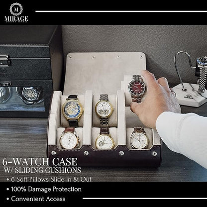 6 Watch Case Bbox for Travel Watch Roll for Men Watch display organizer - Espresso Brown & Ivory White Interior