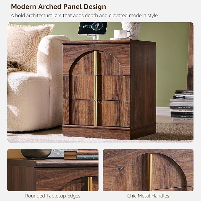 ACCOHOHO Modern Night Stand with Arched Panel, 18" Nightstand with Charging Station, Side Table with 3 Storage Drawers, Wood Square Bedside End Table for Bedroom Living Room, Brown