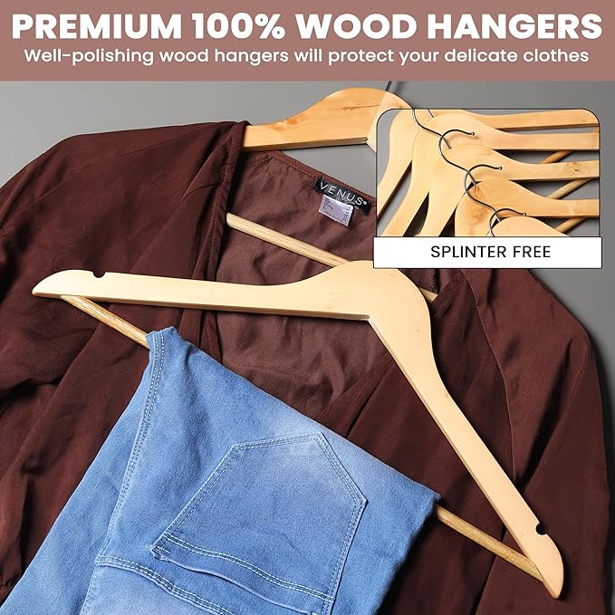 Kings Lifestyle Hub Wooden Hangers Premium Natural Bamboo Wood Hanger Well Polished Ergonomic Design & Sharply Cut Notches with Swivel Hook (Light Brown, Pack of 30)