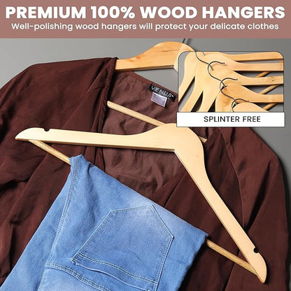 Kings Lifestyle Hub Wooden Hangers Premium Natural Bamboo Wood Hanger Well Polished Ergonomic Design & Sharply Cut Notches with Swivel Hook (Light Brown, Pack of 30)