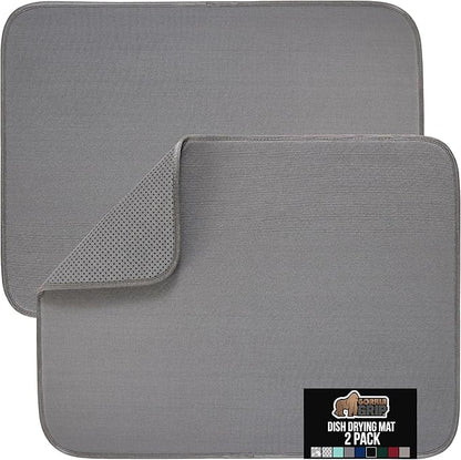 GORILLA GRIP Ultra Water Absorbent Microfiber Dish Drying Mat 2 Pack, Quick Dry Thick Mesh, Slip Resistant Pad for Sink Dishes or Under Rack, Kitchen Counter Accessories, Machine Wash, 18x16, Gray
