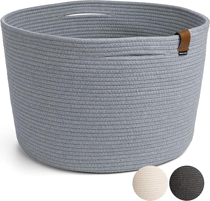 DENJA & CO Extra Large Woven Basket for Storage | Organize Pillows, Toys, and Laundry | Cotton Rope Storage Basket for Blankets, Towels and Nursery Storage | Light Gray (21 inches x 13.8 inches)