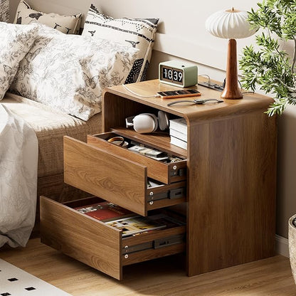 Modern Nightstand Set of 2 23.8" Walnut Nightstands with Hidden Drawers Wood Modern Bedside Table Curved Profile Night Stands for Bedrooms Set of 2