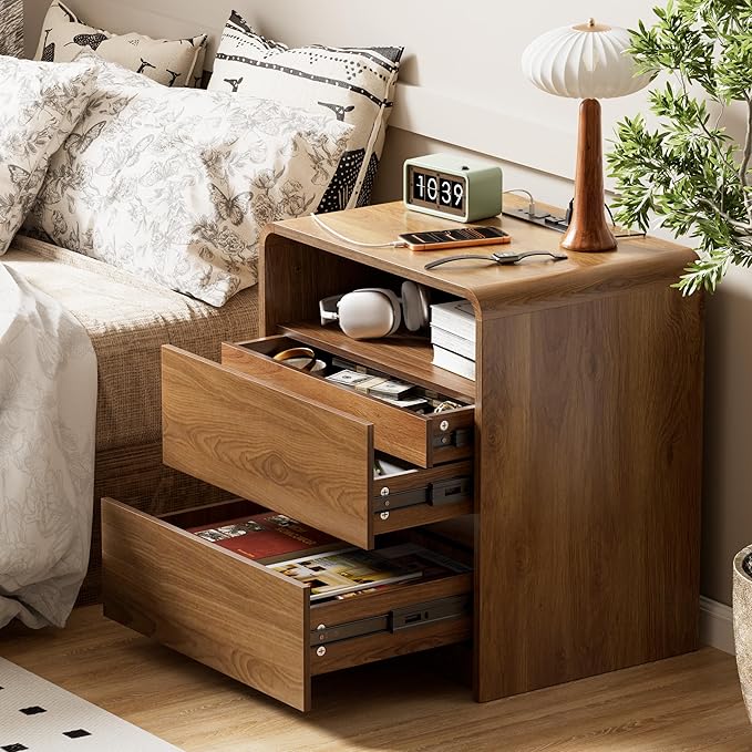 23.8" Modern Nightstand with Hidden Drawers Walnut Night Stand with Charger Station Mid Century Bedside Table Curved Wood Side Table for Bedroom Dorm