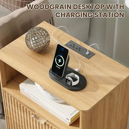 TROJM Night Stand with Charging Station, Modern Bedside Table with Drawer & Open Shelf Storage, Small Space Sidetable for Bedroom, Natural Oak