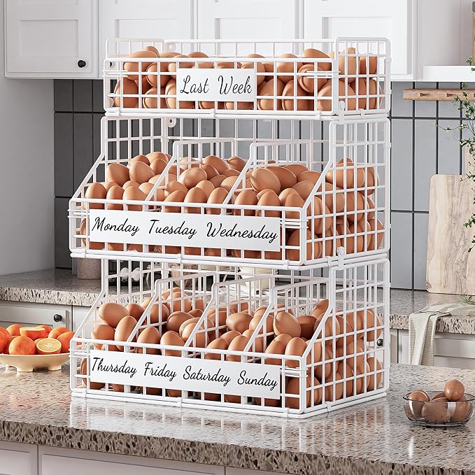 Egg Basket for Countertop, Egg Holder Countertop with 5 Dividers & Labels, 3 Tier Stackable Wire Storage Baskets to Keep Eggs Organized, Egg Organizer Decorative Rack for Kitchen & Home, White