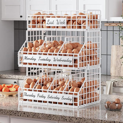 Egg Basket for Countertop, Egg Holder Countertop with 5 Dividers & Labels, 3 Tier Stackable Wire Storage Baskets to Keep Eggs Organized, Egg Organizer Decorative Rack for Kitchen & Home, White